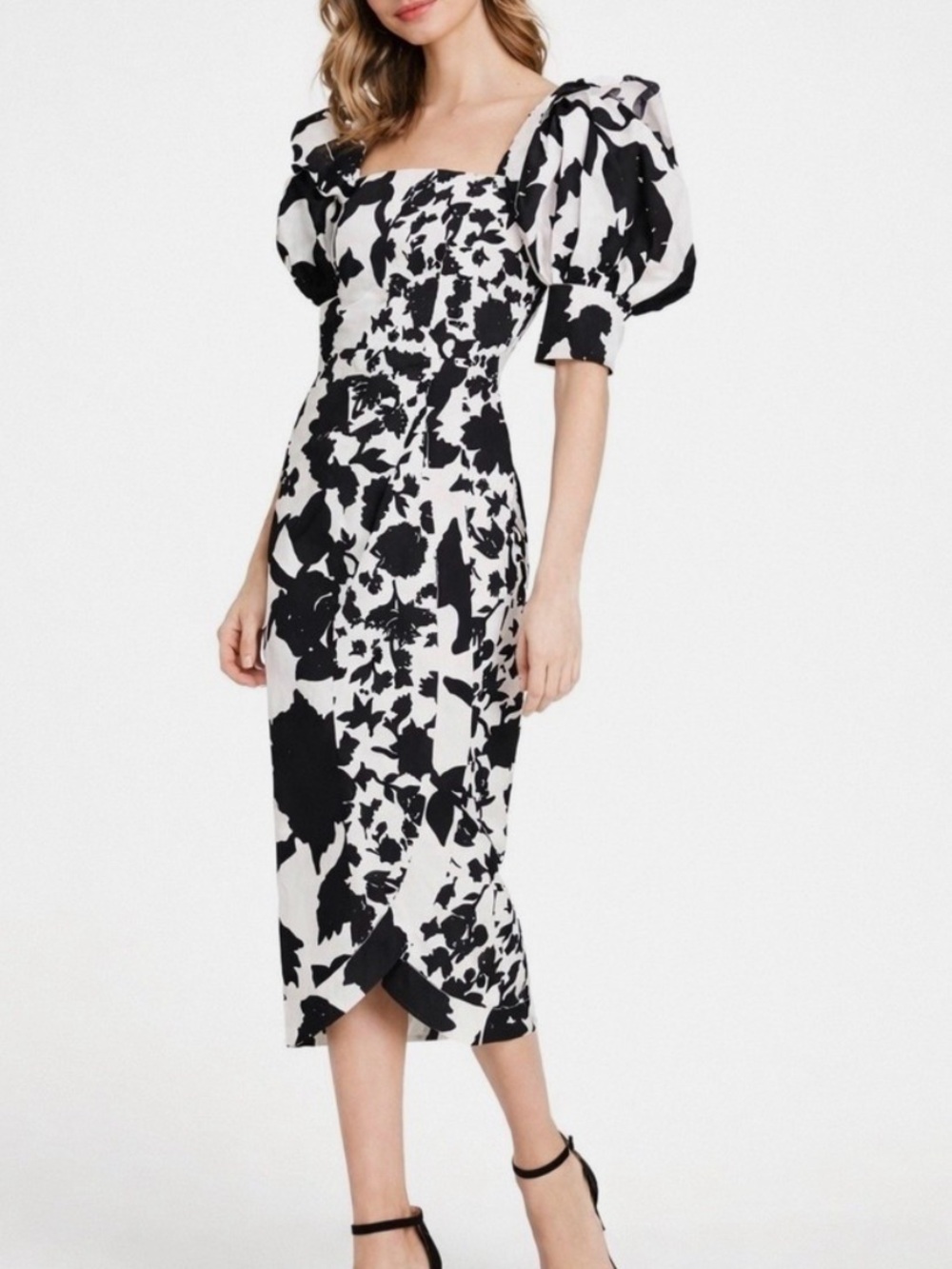 Christopher John Rogers Black & White Floral Puff Sleeve Midi Dress